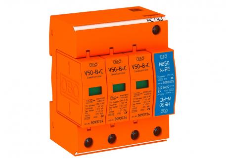 Lightning current and surge arrester, 3-pole + NPE