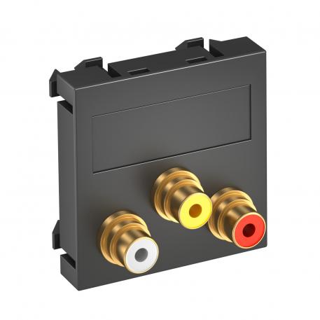 Audio/video cinch connection, 1 module, straight outlet, as 1:1 coupling, black-grey
