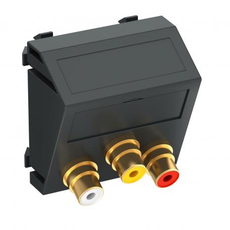 Audio/video cinch connection, 1 module, slanting outlet, as 1:1 coupling, black-grey